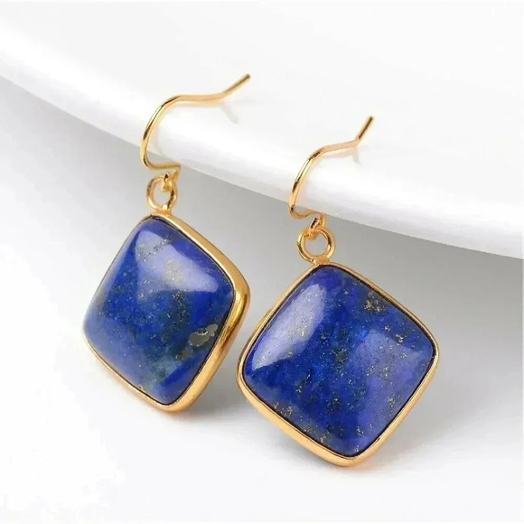 Puffed Diamond Shape Lapis Lazuli Gemstone Pendant Gold Plated Trim Earrings - Picture 2 of 2